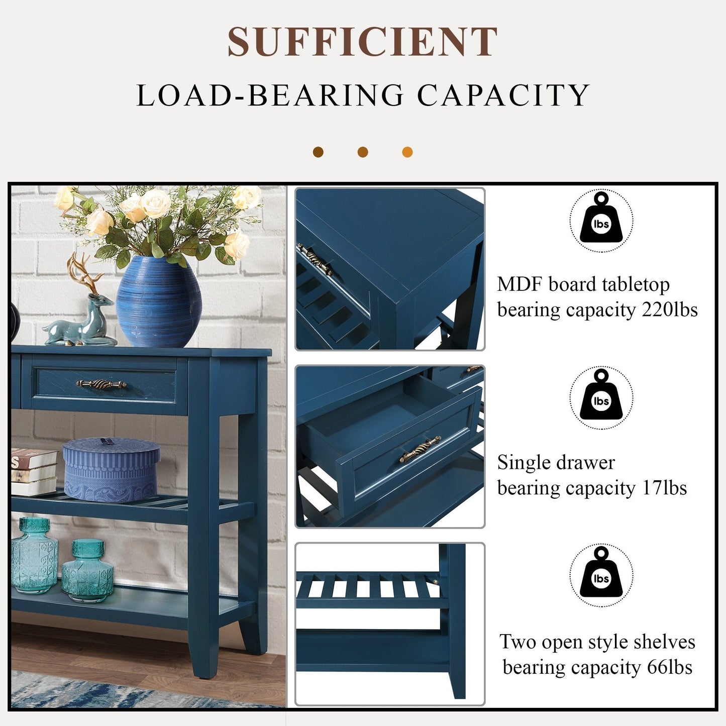 Mesa Consola Sofá de Estilo Mid-Century con Cajones de Almacenamiento - Azul Marino