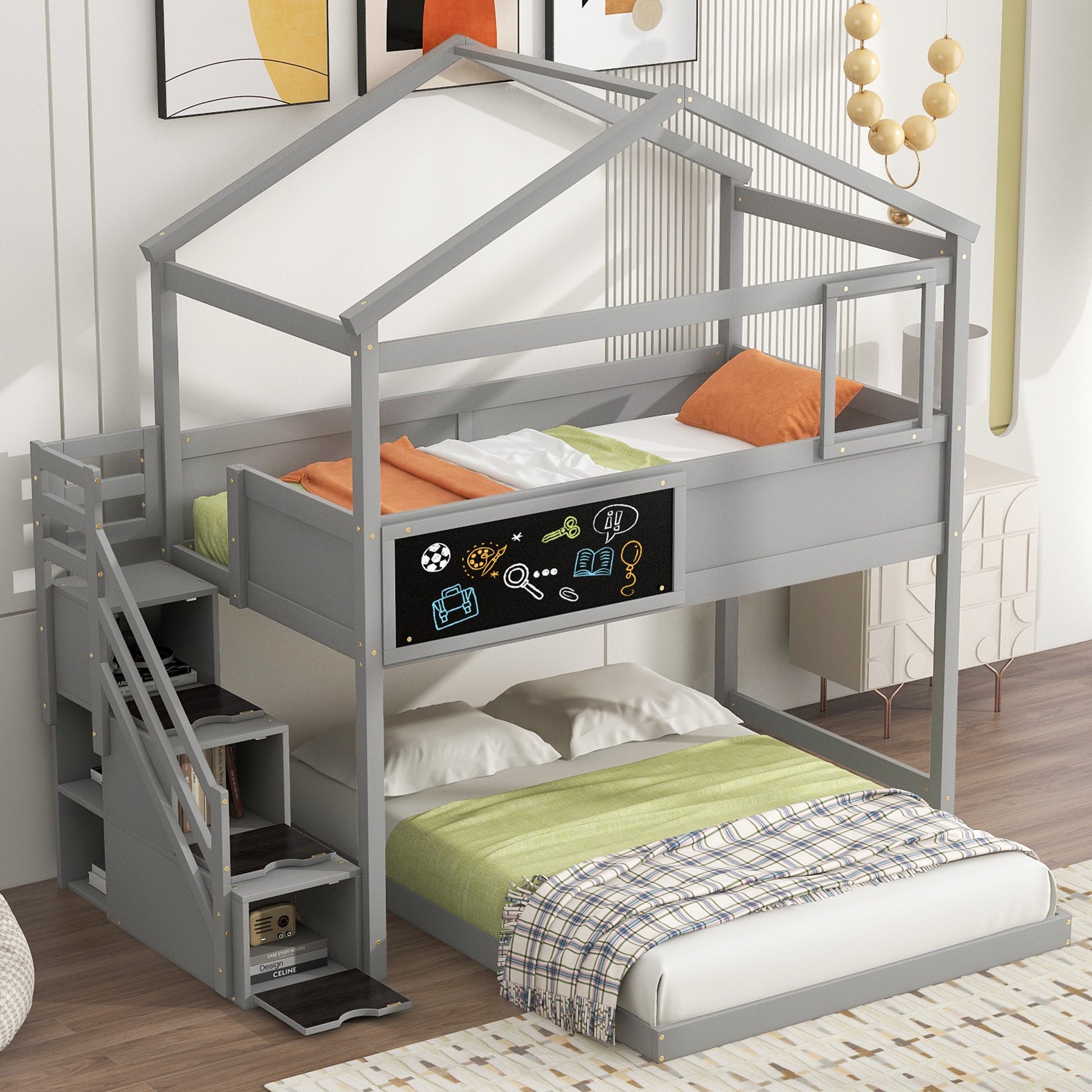 Twin over Full House Bunk Bed with Storage Staircase and Blackboard Gray - Korvel