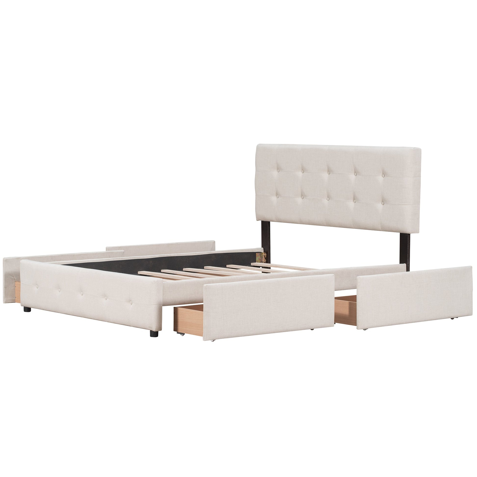 Upholstered Platform Bed with Classic Headboard and 4 Drawers No Box Spring Needed Linen Fabric Queen Size Beige - Korvel