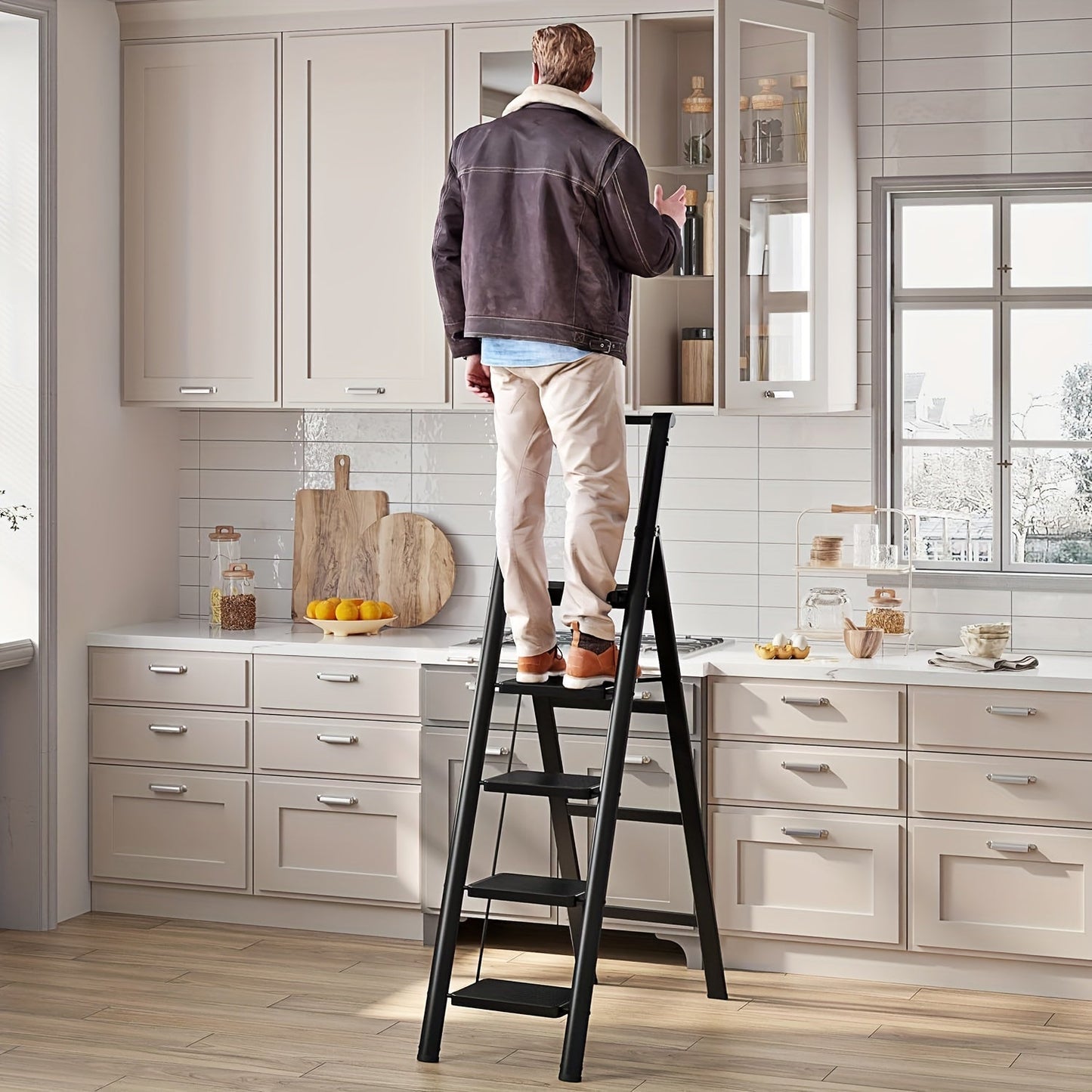 5-step ladder folding stool with anti slip wide pedals, lightweight and easy to carry handle folding ladder - Korvel