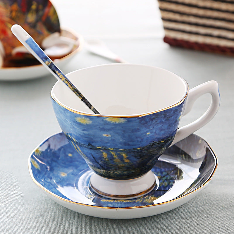 British Luxe Saucer and Spoon Afternoon Tea Cup with Van Gogh Oil Painting Design, Bone China Coffee Cup, Creative Souvenir Ceramic Mug - Korvel