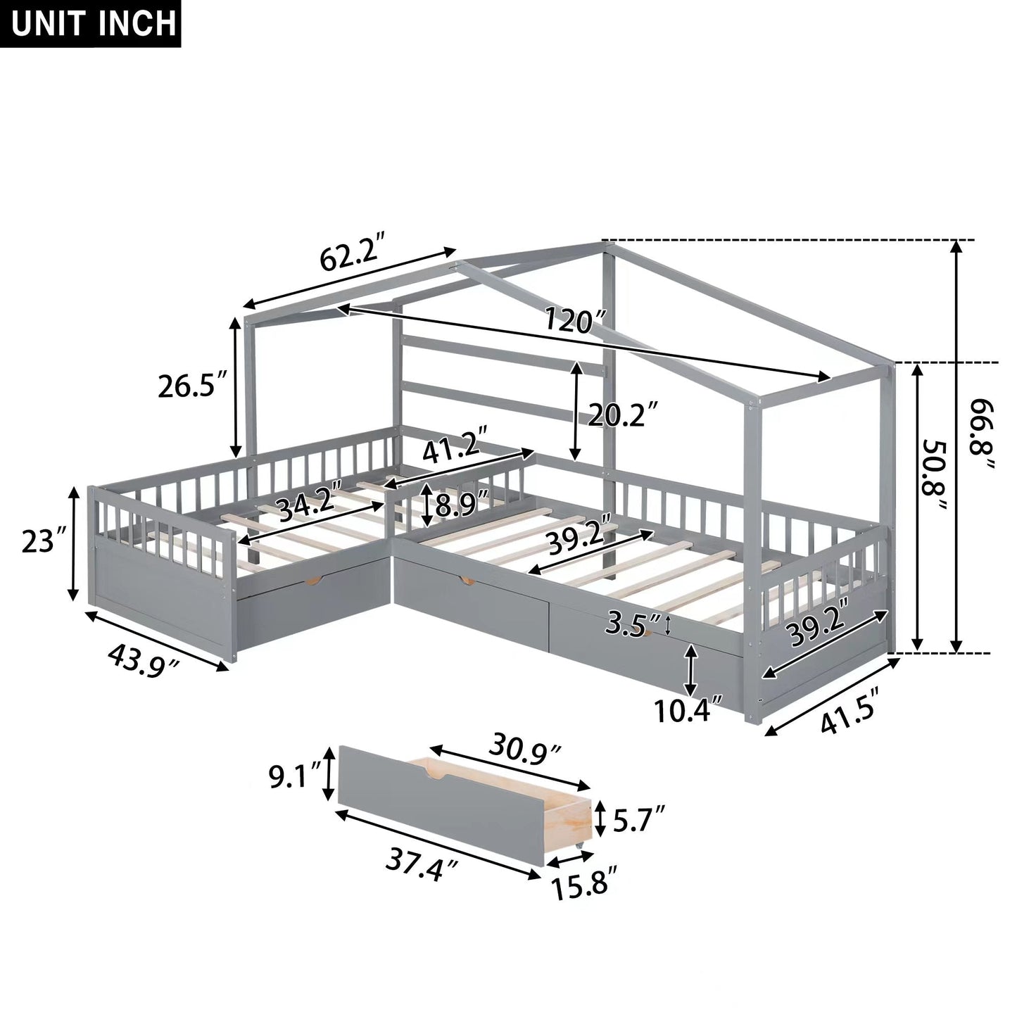 Twin Size House Platform Bed with Three Storage Drawers Gray - Korvel