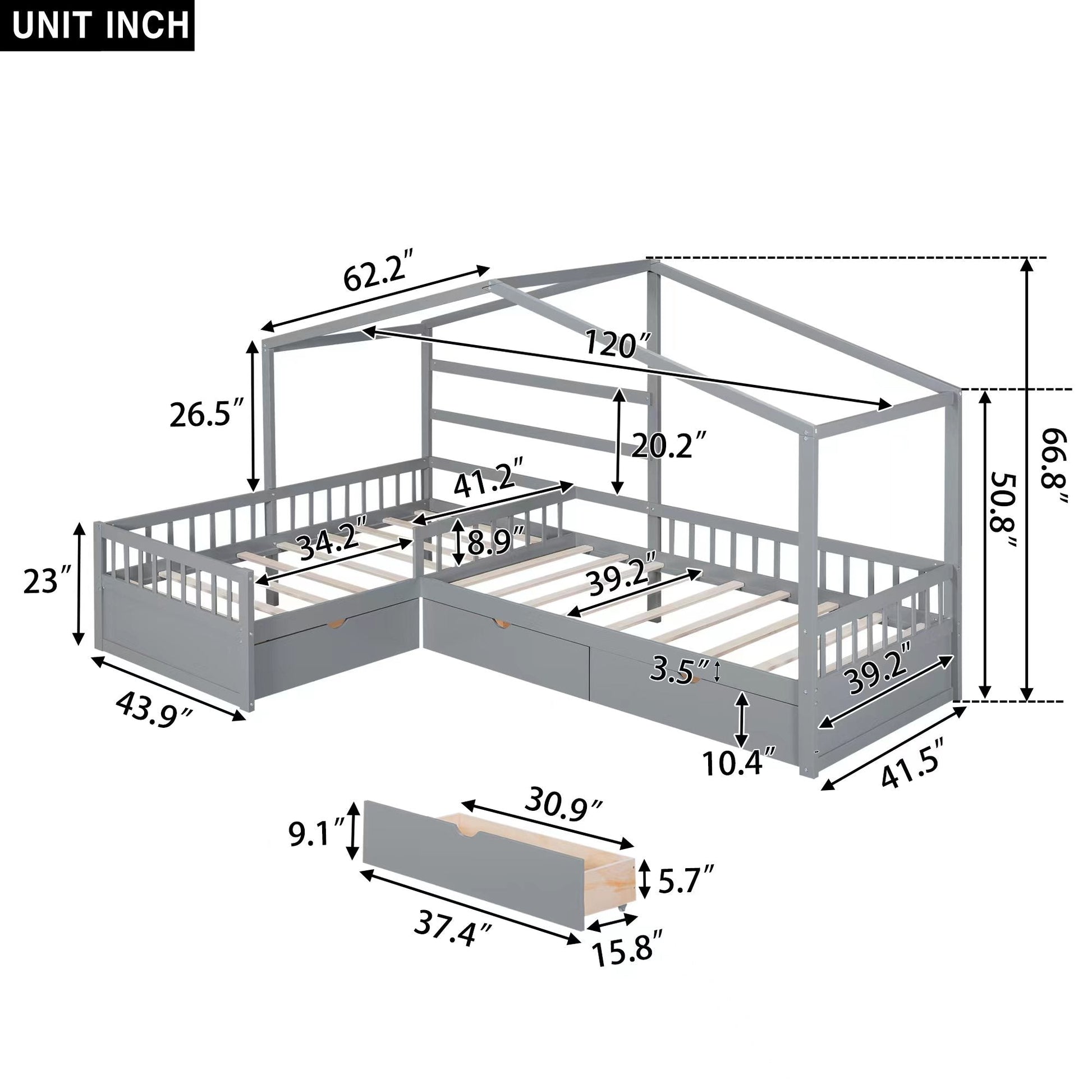 Twin Size House Platform Bed with Three Storage Drawers Gray - Korvel