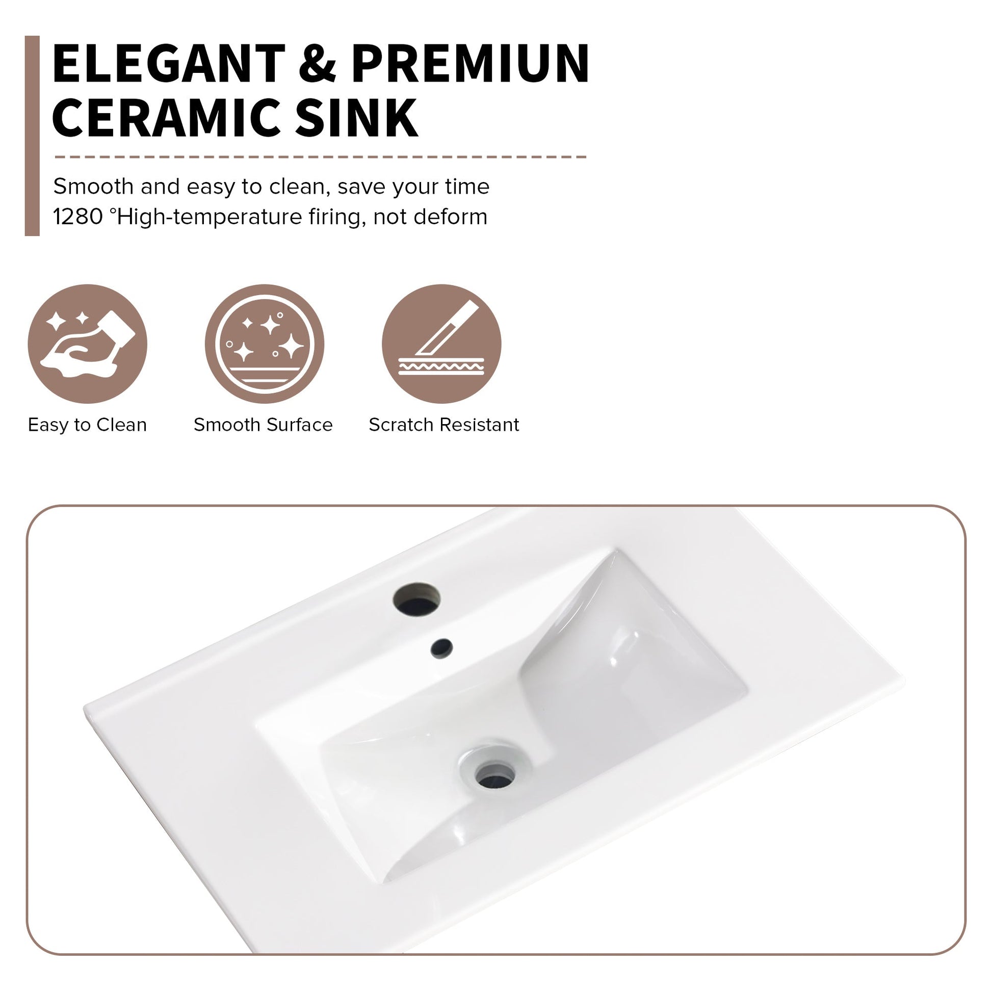 30 Inch Bathroom Ceramic Sink Basin, White - Korvel
