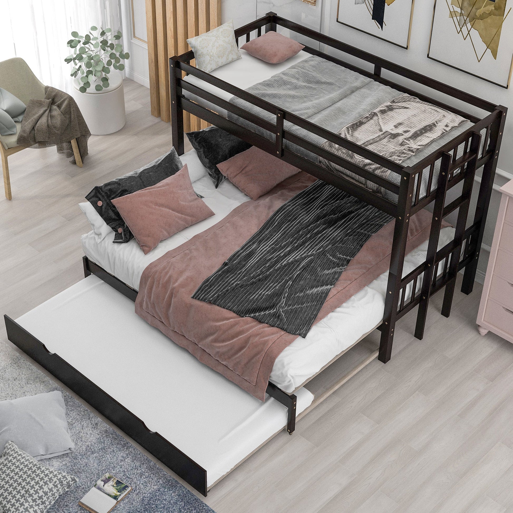 Twin over Pull-out Bunk Bed with Trundle  Espresso - Korvel