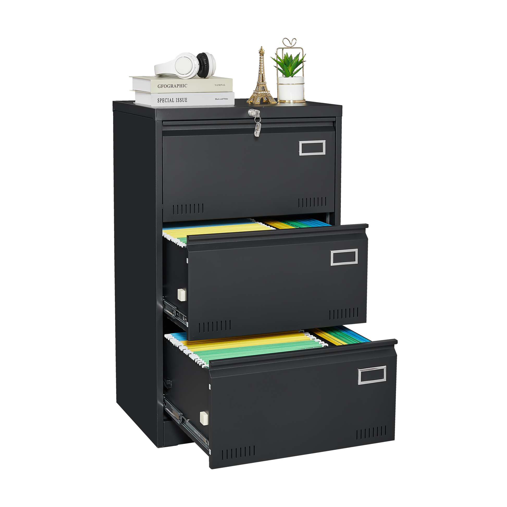 Filing Cabinet Lateral File Cabinet 3 Drawer Blcak Locking Metal File Cabinets Three Drawer - Korvel