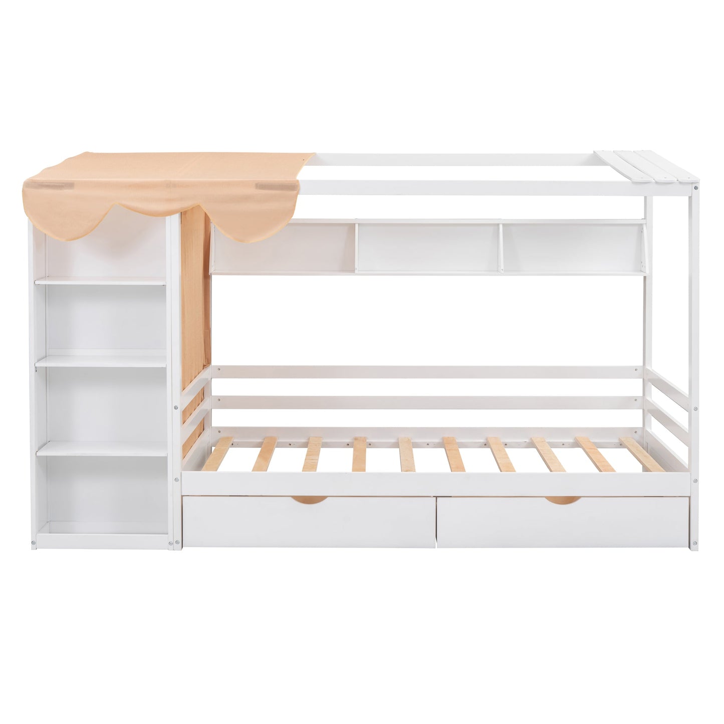 Twin Size House Bed with Two Drawers and Wardrobe - White