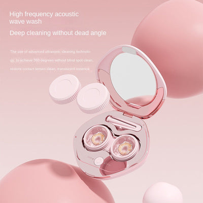 Ultrasonic cleaner, electric portable contact lens, contact lens, replaceable cleaning compartment - Korvel