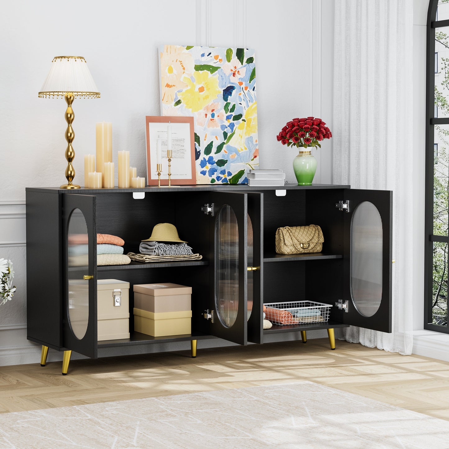 Modern Accent Sideboard Cabinet with Acrylic Doors, Freestanding Storage Cupboard Console Table for Kitchen Dining Black - Korvel