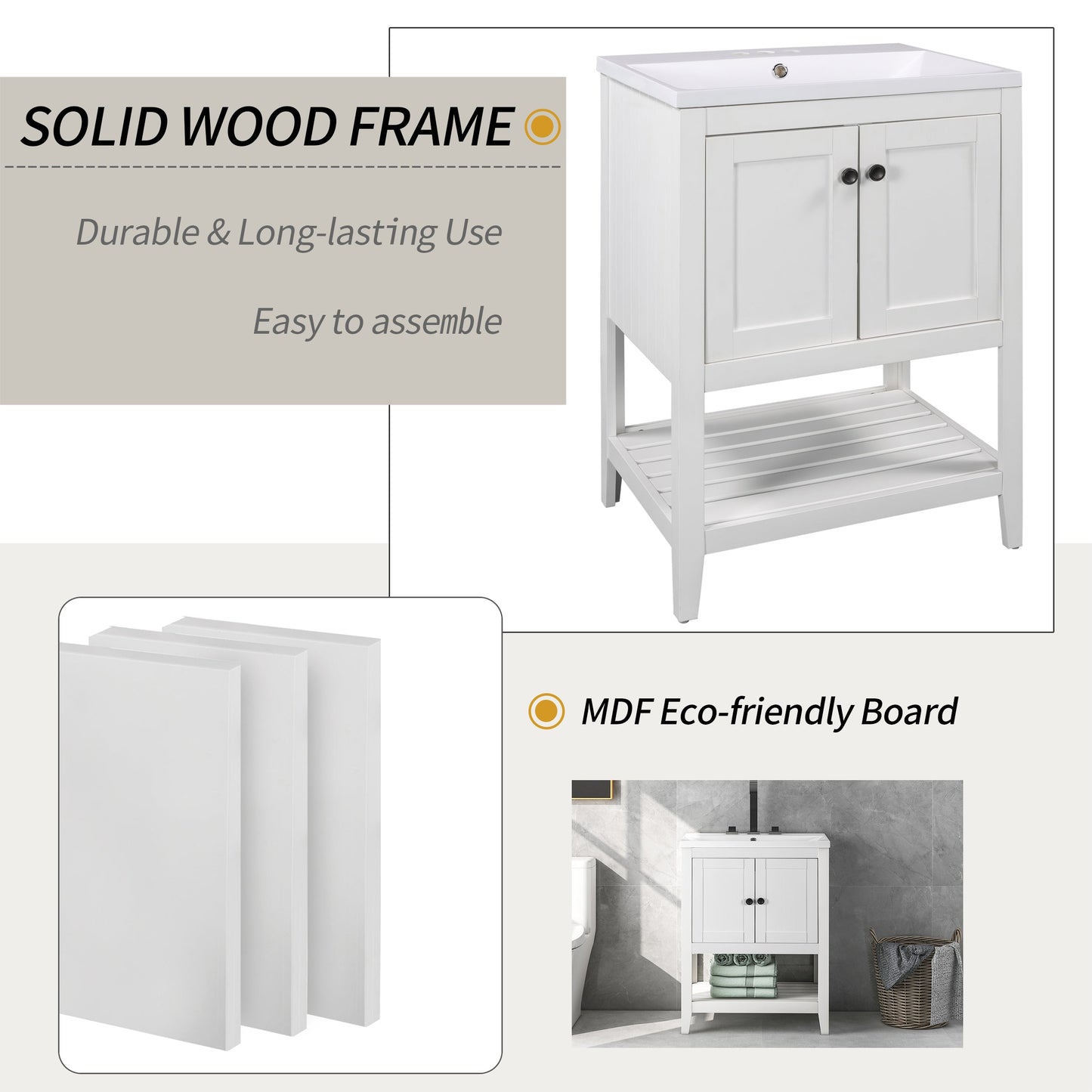 24" Bathroom Vanity Base Only, Soild Wood Frame, Bathroom Storage Cabinet with Doors and Open Shelf, White - Korvel