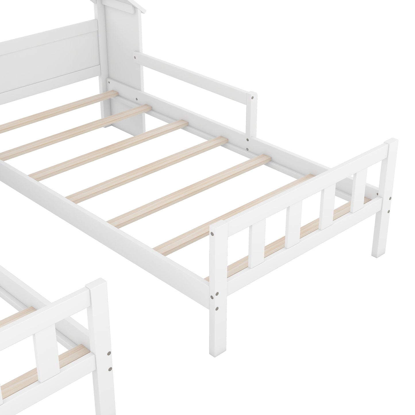 Double Twin Size Platform Bed with House Headboard and Nightstand, White