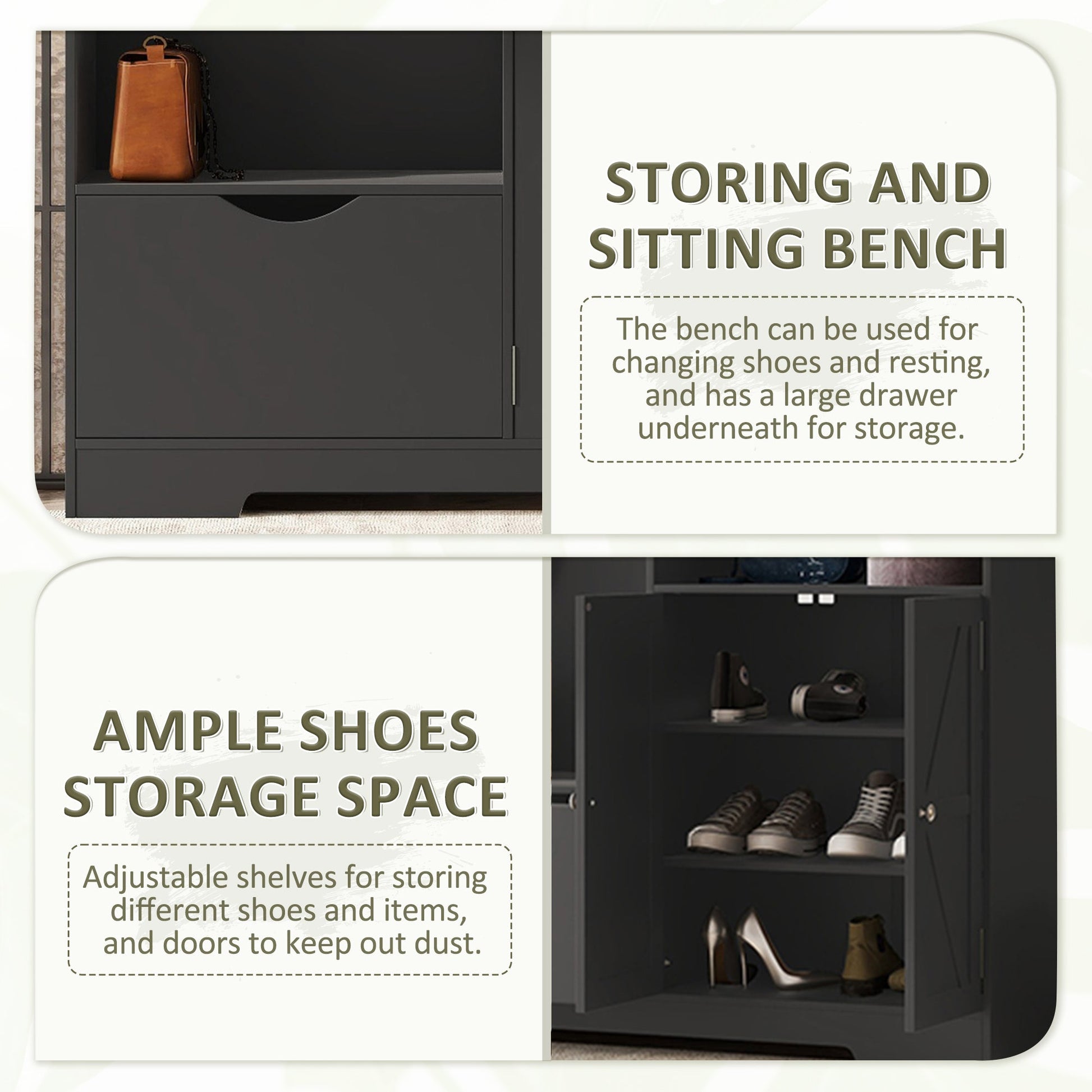 Multi-functional Hall Tree with Storage Shelves Drawers and Cabinet, Elegant Hallway Shoe Cabinet with Bench Modern Black - Korvel