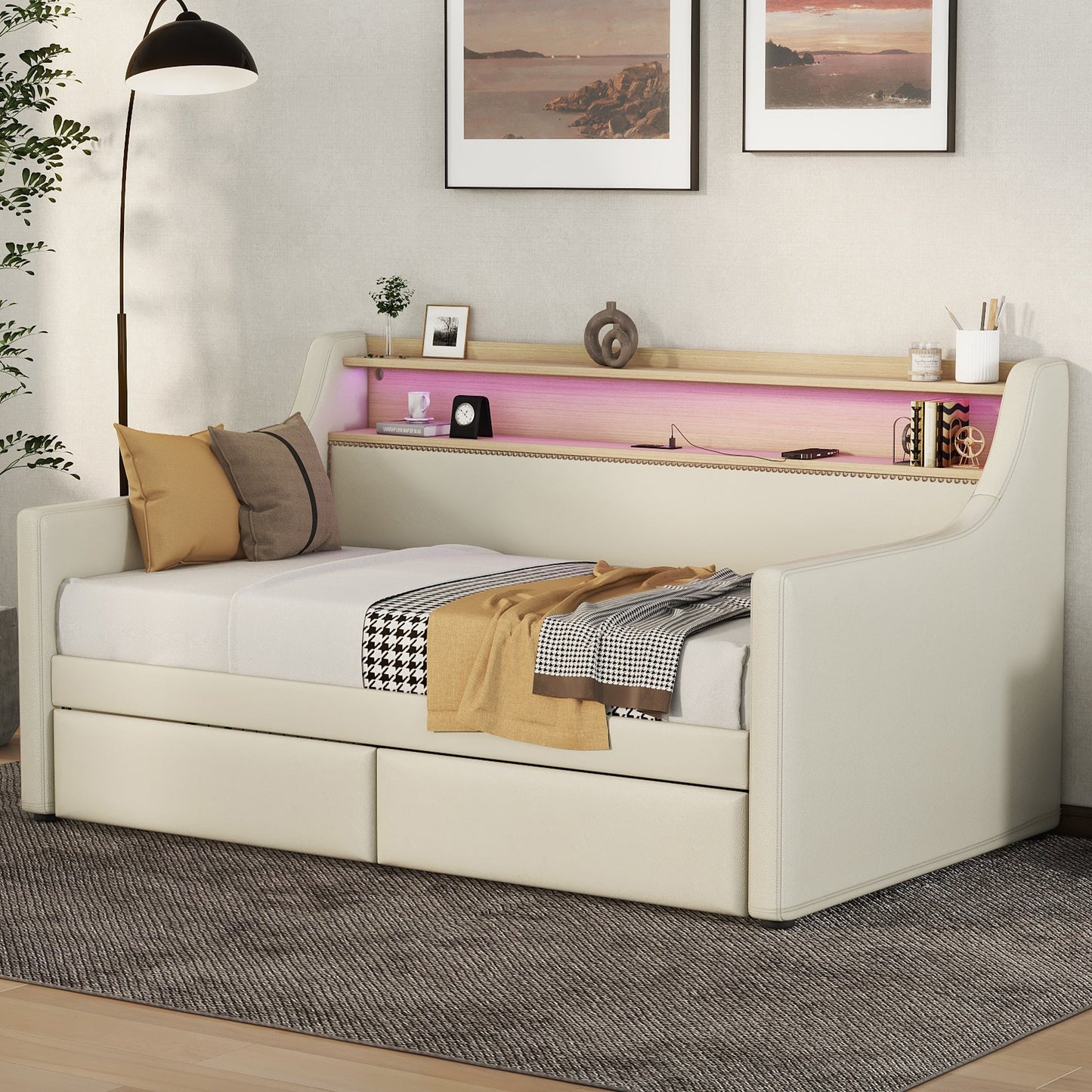 Twin Size Daybed with Storage Drawers, Upholstered Daybed with Charging Station and LED Lights, Beige - Korvel