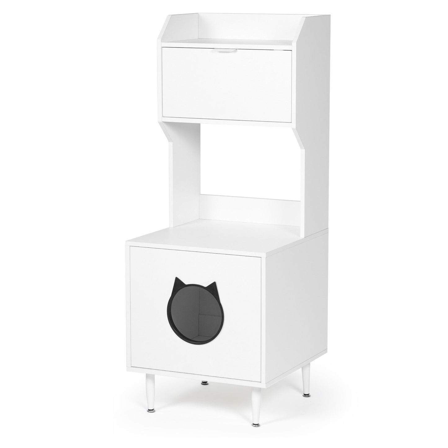 White wooden hidden cat trash can with rack and trash can shell, indoor cat house pet box, storage cabinet - Korvel