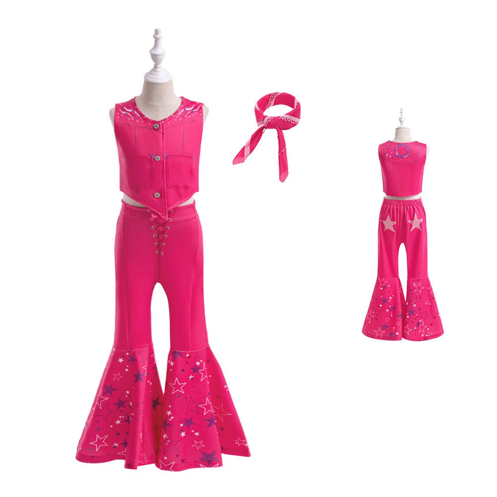 Cosplay movie Barbie with silk scarf three piece set children's sleeveless party dress printed performance outfit - Korvel