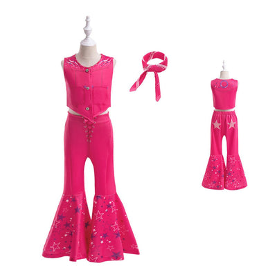 Cosplay movie Barbie with silk scarf three piece set children's sleeveless party dress printed performance outfit - Korvel