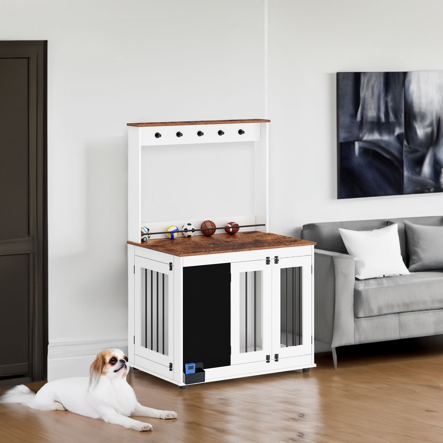Premium Graffiti Dog Crate with Double Doors - White Vintage