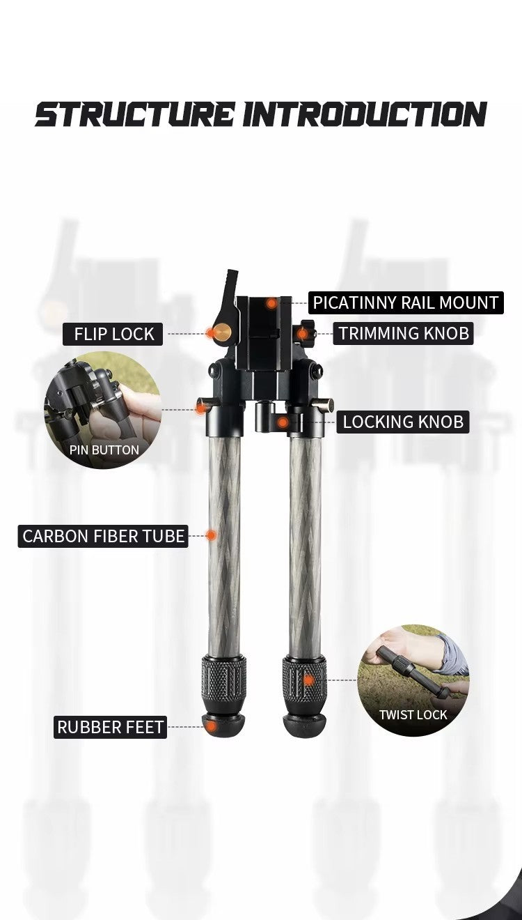 Linkogear HB-C01L Carbon Fiber Tac Bipod – QD Picatinny – Rubber & Spike Feet - Korvel