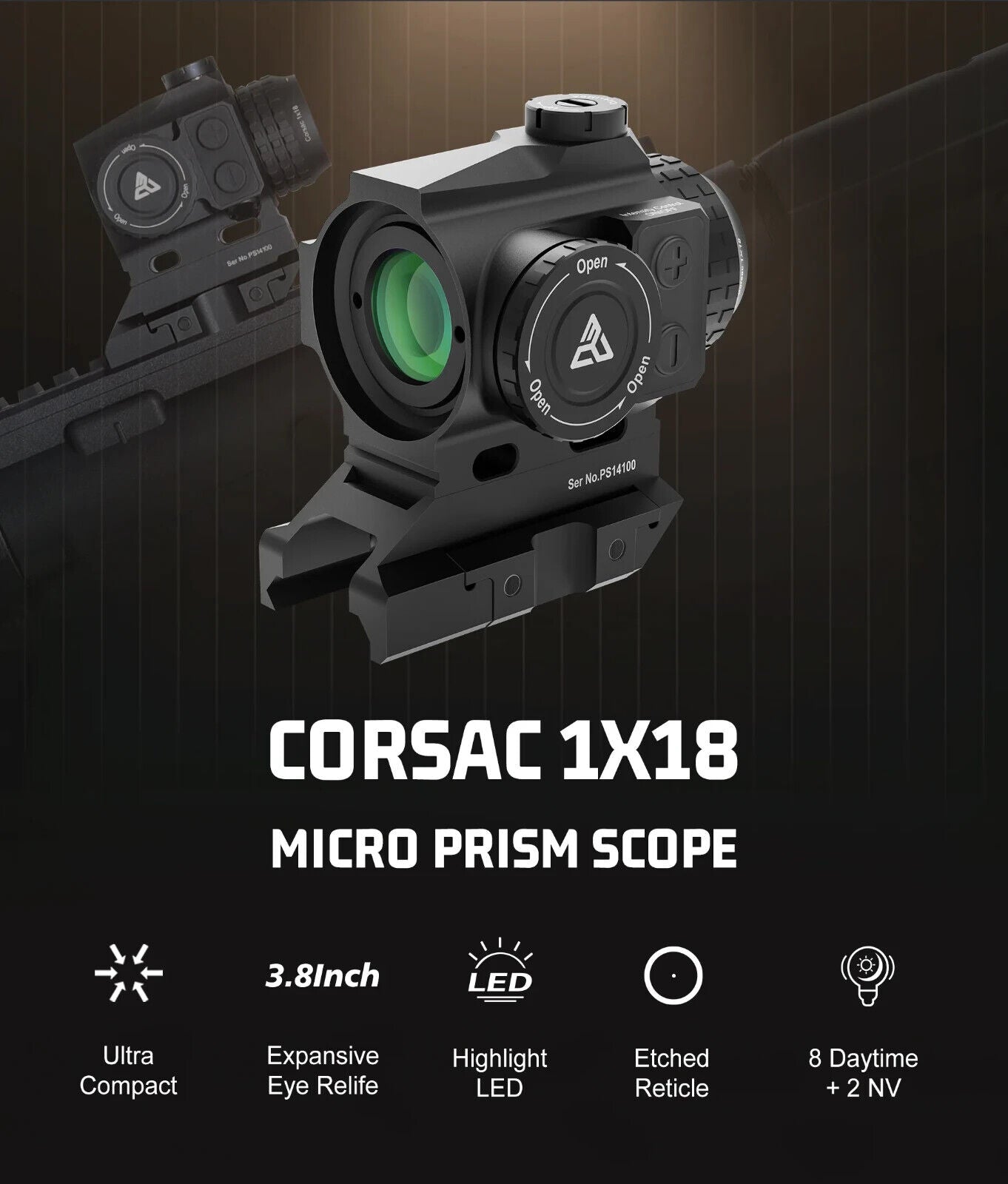 Corsac 1x18 Micro Prism Scope Etched Reticle 8 Day+2 NV IPX67 Hunting Optic - Korvel