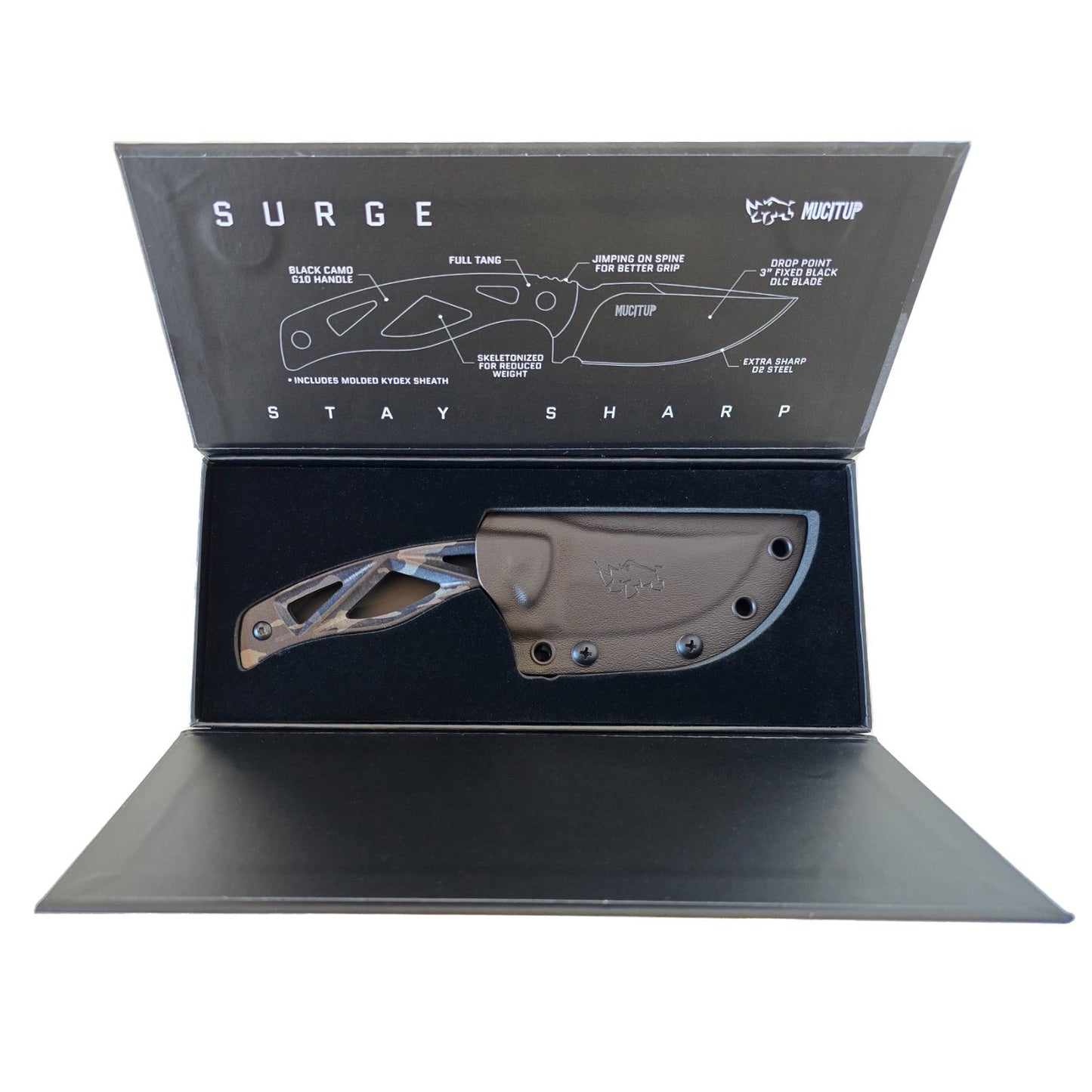 Couteau à lame fixe MUCTAC Surge en édition limitée MUCITUP - Acier D2, lame DLC de 3"