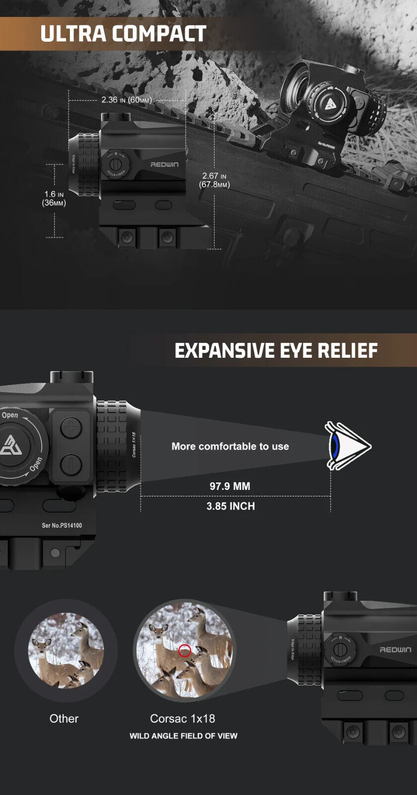Corsac 1x18 Micro Prism Scope Etched Reticle 8 Day+2 NV IPX67 Hunting Optic - Korvel