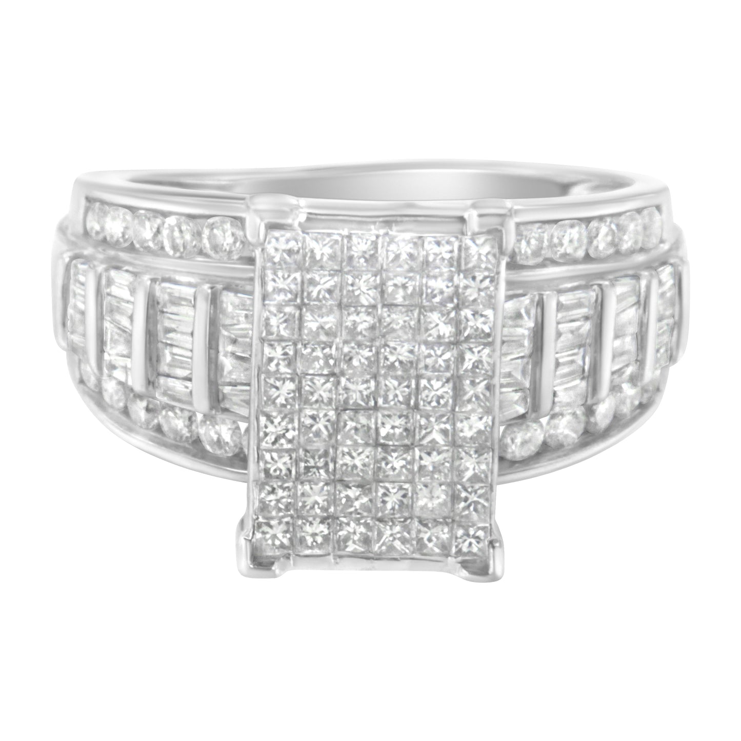 14K White Gold Mixed-Cut Diamond Rectangle Cluster Ring - Size 5