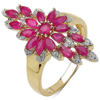 Bague en cluster en argent sterling plaqué or jaune 14K avec rubis