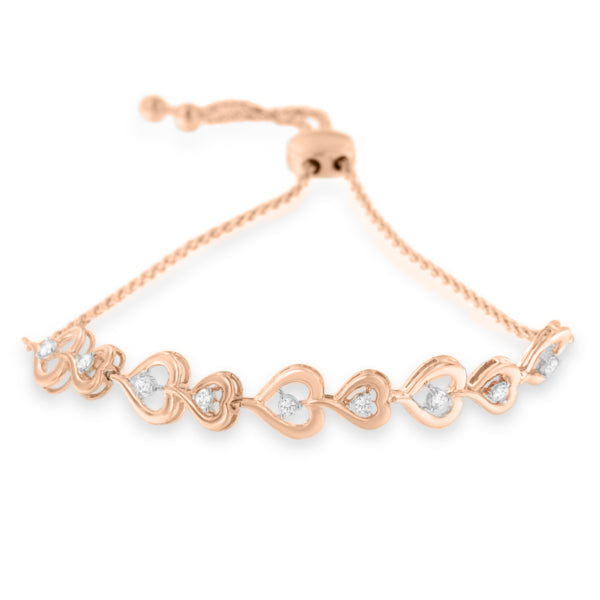 Rose Plated Sterling Silver Diamond Heart-Linked Bolo Bracelet