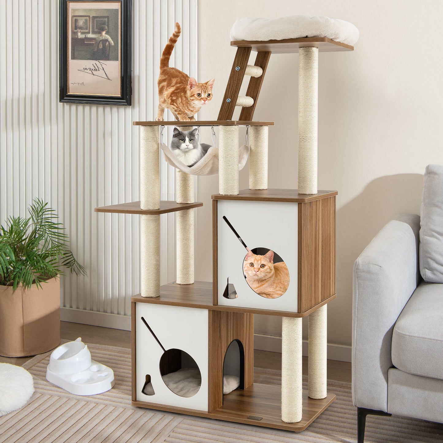 Árbol para Gatos de Múltiples Niveles de 57 Pulgadas con Postes para Rascar