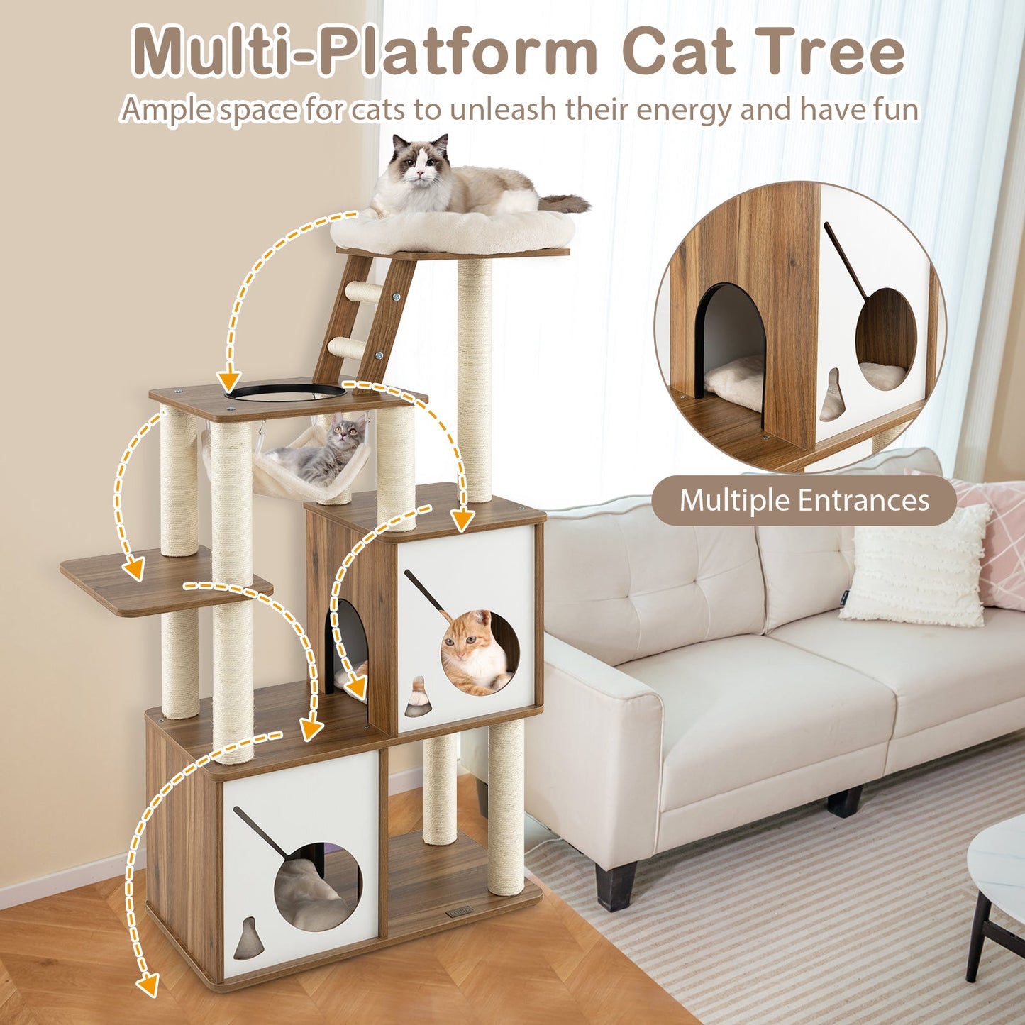 Árbol para Gatos de Múltiples Niveles de 57 Pulgadas con Postes para Rascar