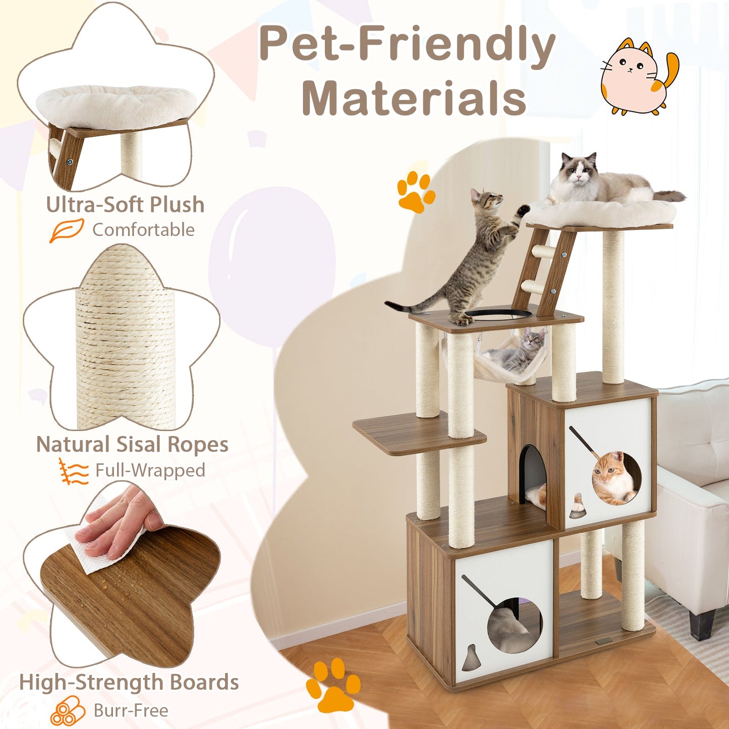 Árbol para Gatos de Múltiples Niveles de 57 Pulgadas con Postes para Rascar