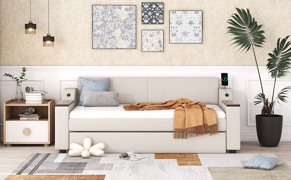 Twin Size Upholstery Daybed with Storage Arms and USB - Beige