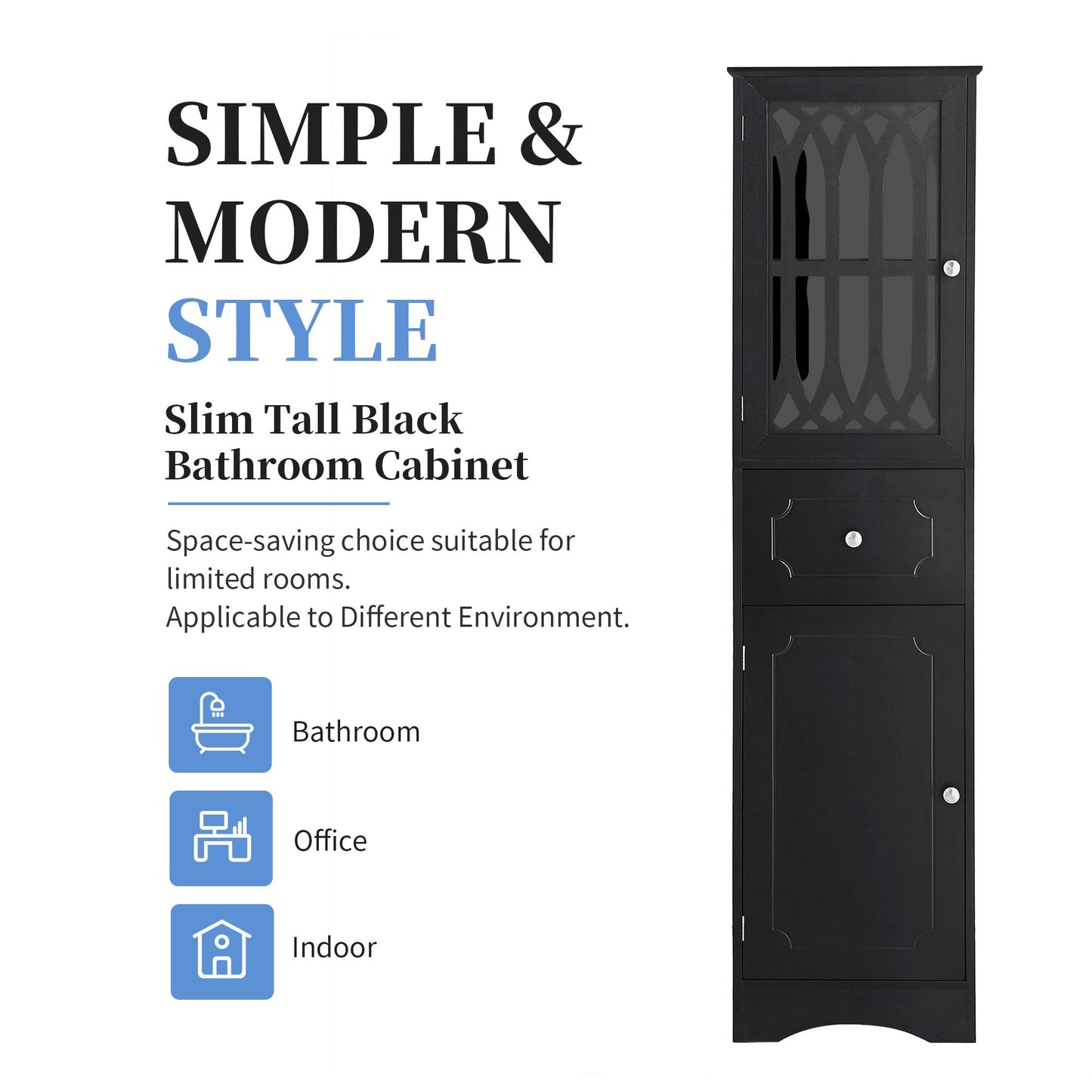Tall Bathroom Cabinet, Freestanding Storage Cabinet with Drawer and Doors, MDF Board, Acrylic Door, Adjustable Shelf, Black - Korvel