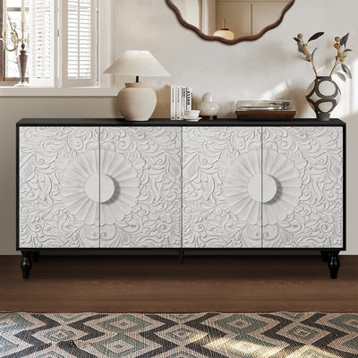 Vintage White Large Faceted Carved Sideboard with Black Frames