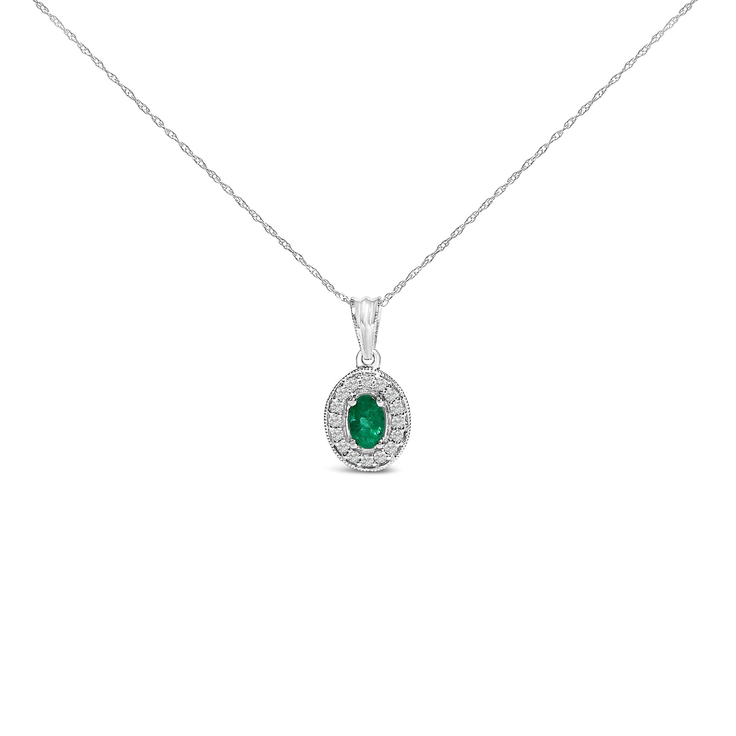 Collar con Colgante de Halo de Esmeralda y Diamante en Oro Blanco de 14K
