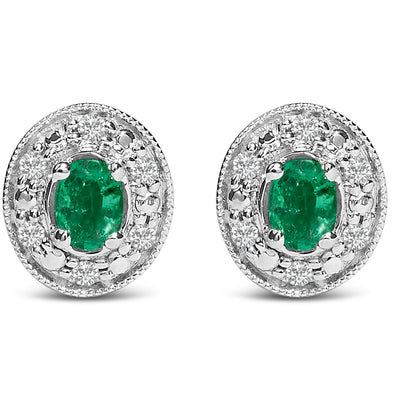 14K White Gold Emerald and Diamond Halo Stud Earrings