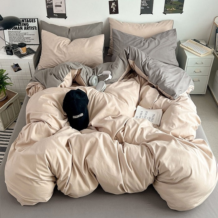 Washed Cotton Solid Color Double Spliced Four-Piece Bedding Set - Sheet, Quilt Cover, Pillowcases for Employee and Dormitory Use - Korvel