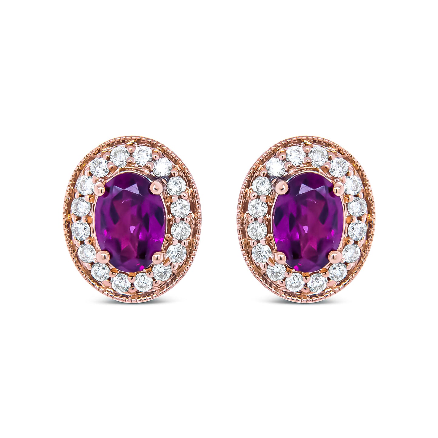 14K Rose Gold Garnet and Diamond Halo Stud Earrings