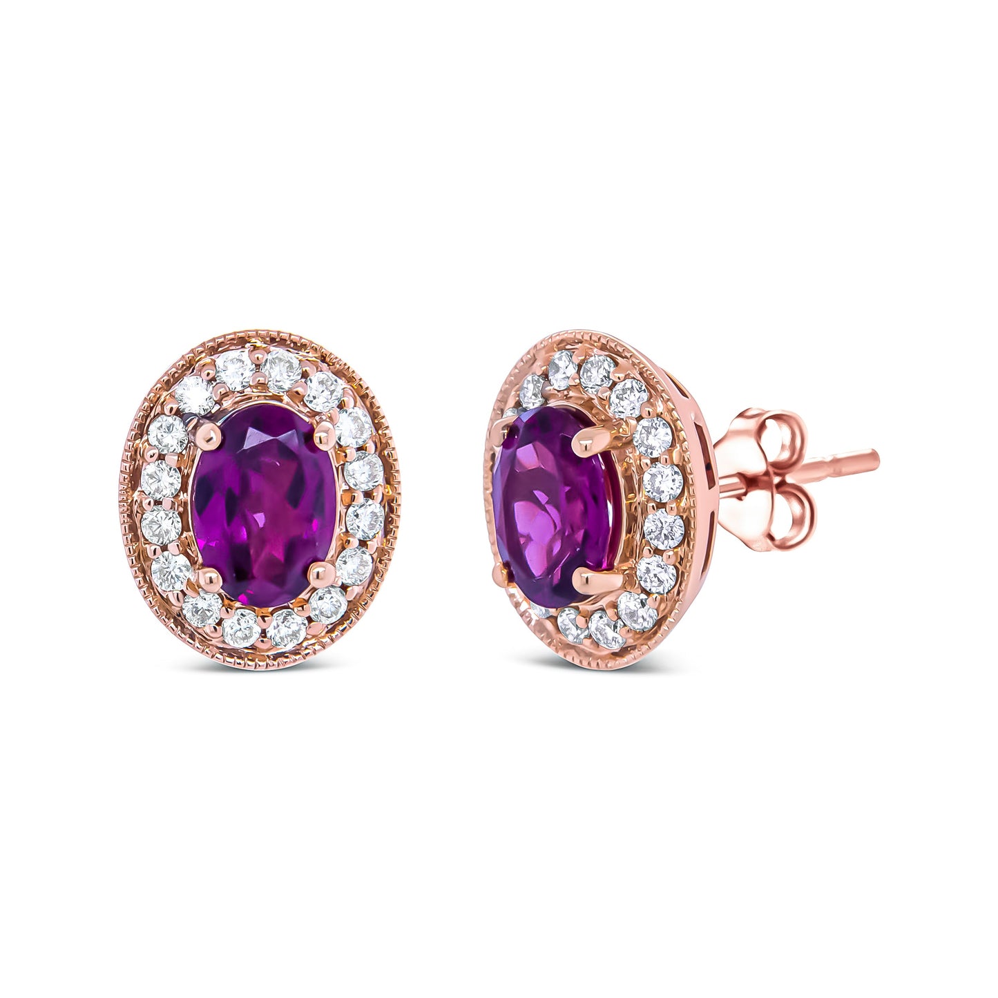 14K Rose Gold Garnet and Diamond Halo Stud Earrings