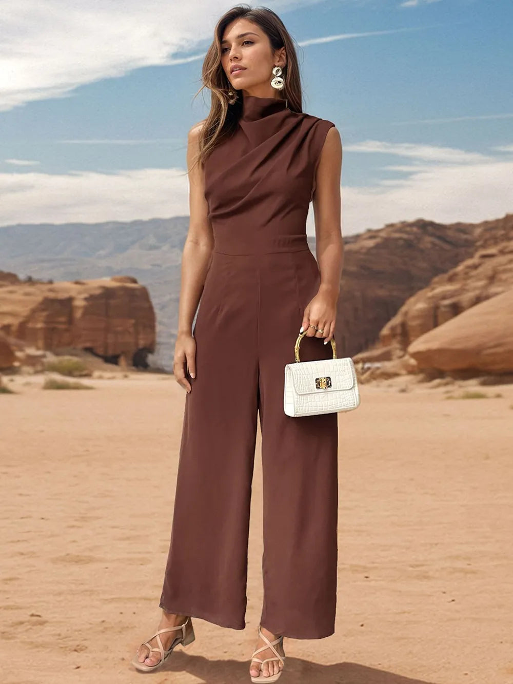 Ruched Mock Neck Sleeveless Jumpsuit - Korvel