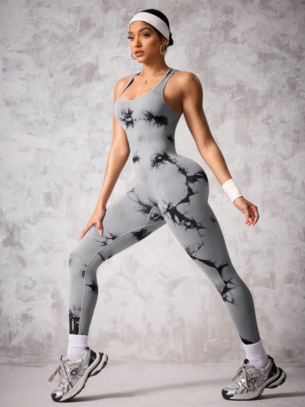 Back Crisscross Tie-Dye Scoop Neck Active Jumpsuit - Korvel
