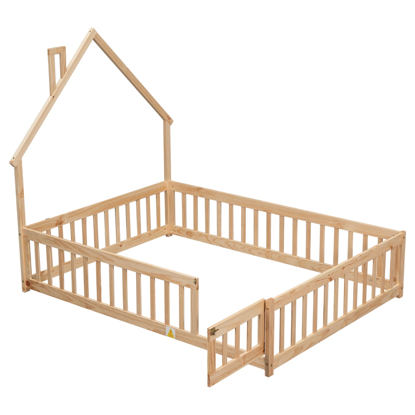 Full House-Shaped Headboard Floor Bed with Fence - Natural