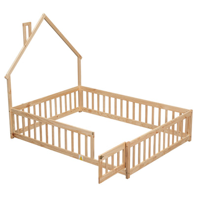 Full House-Shaped Headboard Floor Bed with Fence - Natural