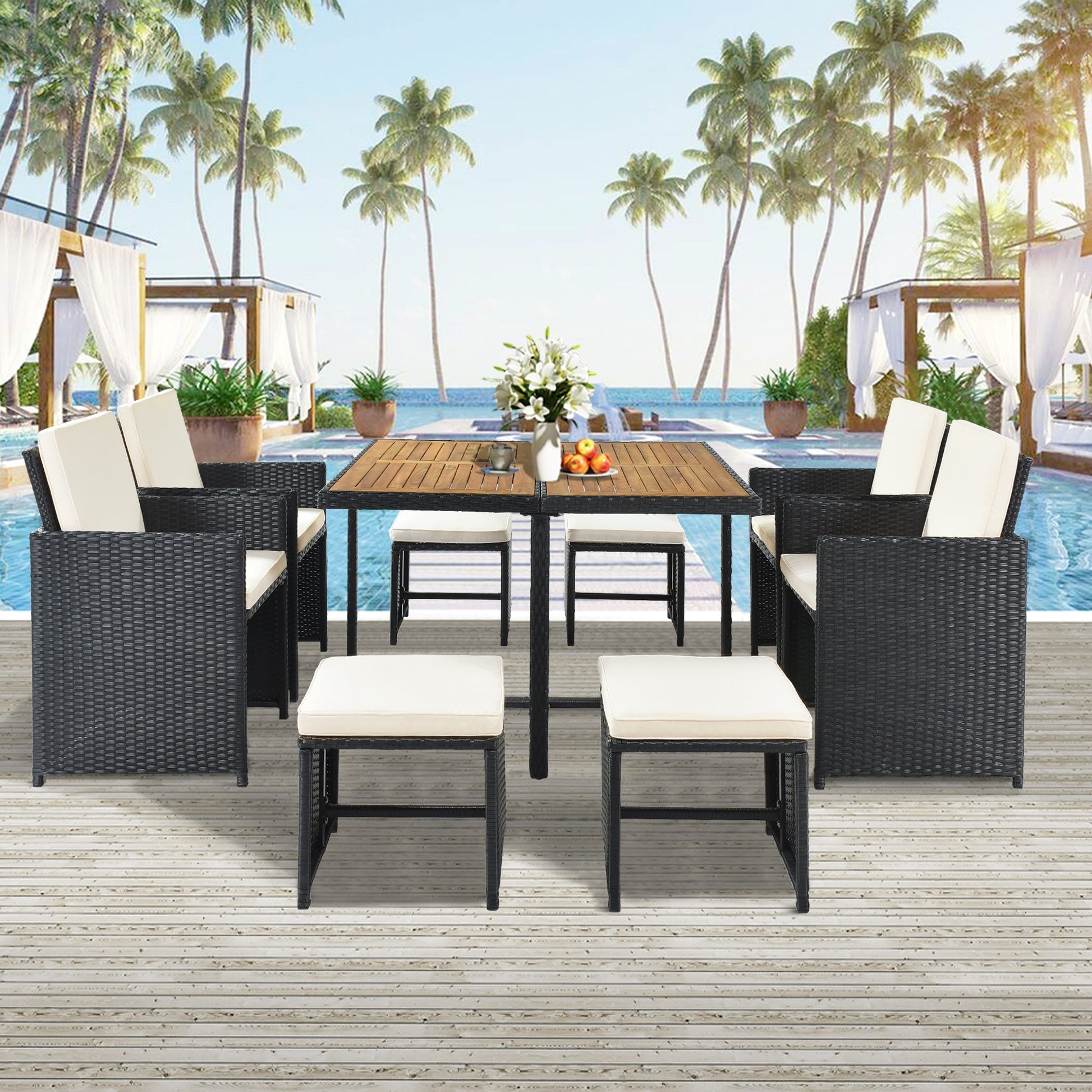 TOPMAX Patio All-Weather PE Wicker Dining Table Set with Wood Tabletop for 8, Black Rattan+Beige Cushion (9-Piece) - Korvel