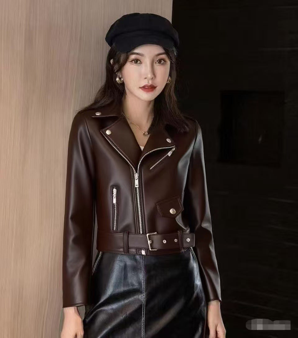 Women's Slim-Fit Leather Jacket - Fashionable Outerwear