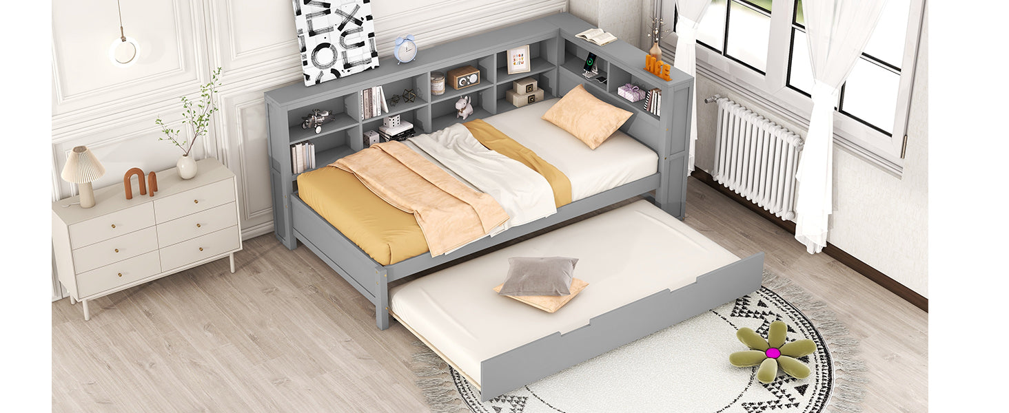 Wooden Twin Size DayBed with Twin Size Trundle, DayBed with Storage Shelf and USB Charging Ports,Grey - Korvel