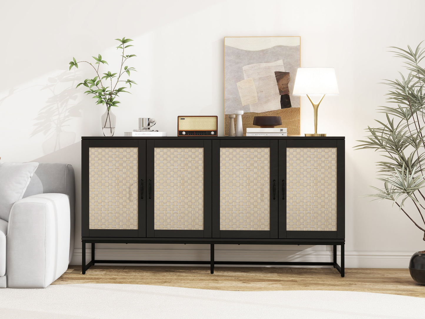 Rattan 4-Door Sideboard , Sideboard Buffet Storage Cabinet,Accent Storage Cabinet , Large Cabinet With 4 Rattan Decorated Doors - Korvel
