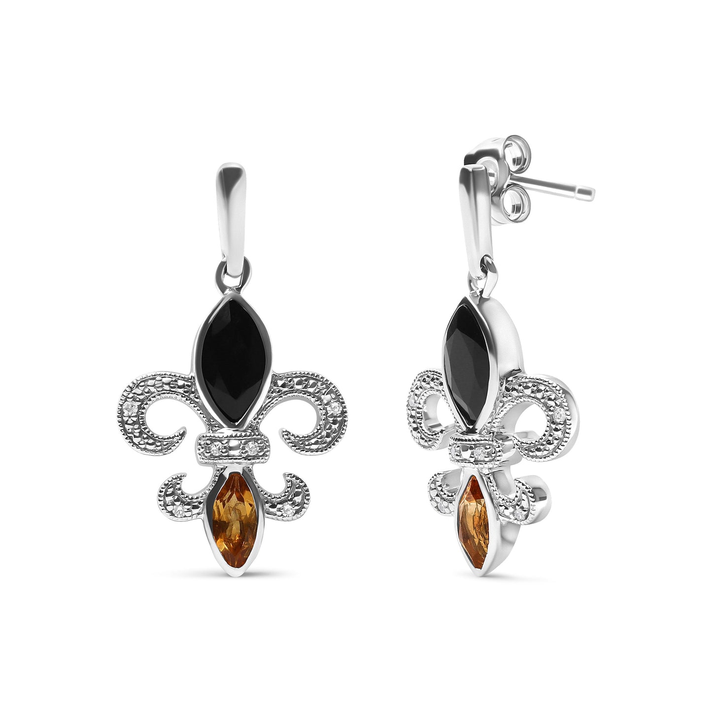 Boucles d'oreilles pendantes en argent sterling .925 avec fleur de lys, onyx et citrine