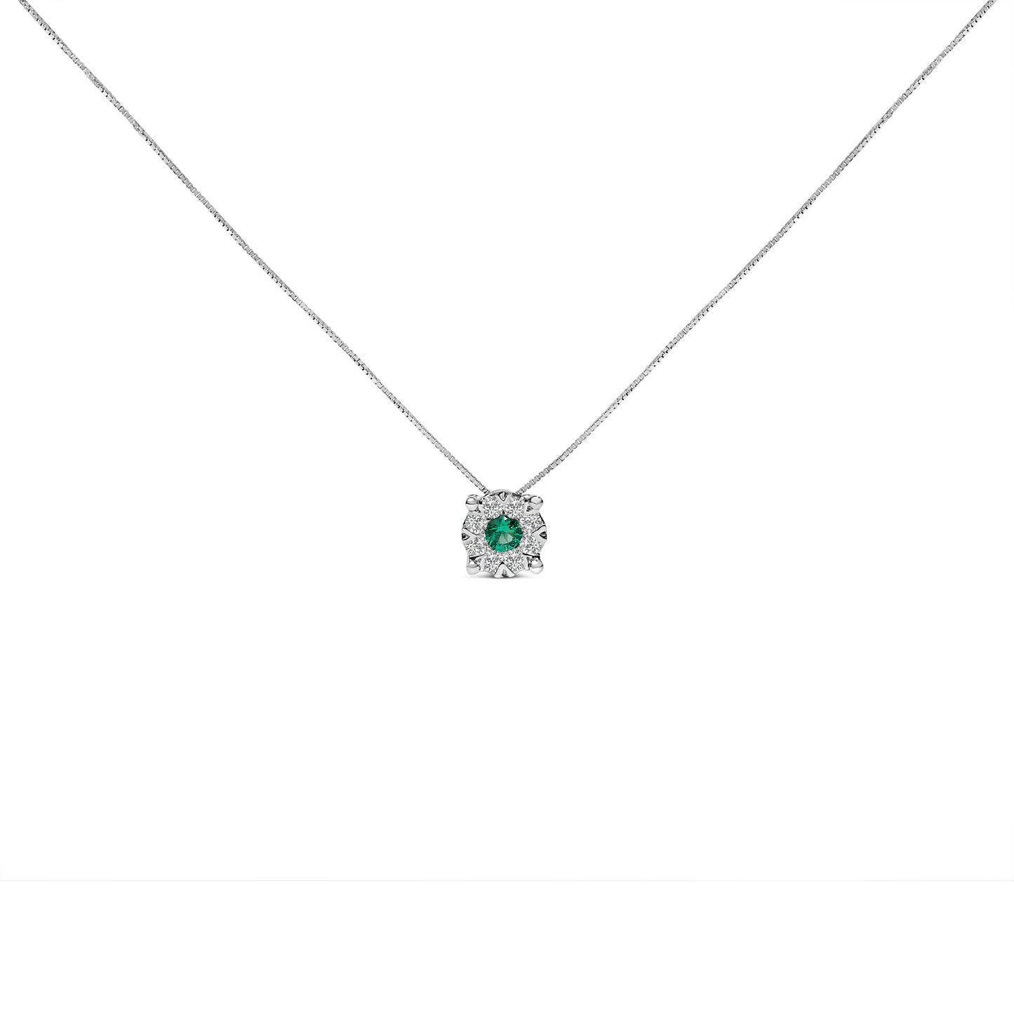 Collar con Colgante de Halo de Esmeralda y Diamante en Oro Blanco de 14K