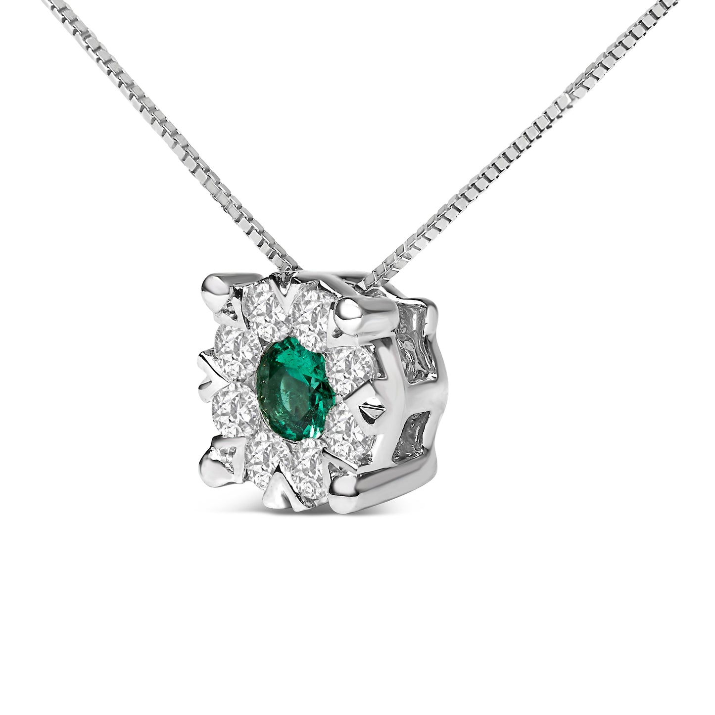 Collar con Colgante de Halo de Esmeralda y Diamante en Oro Blanco de 14K